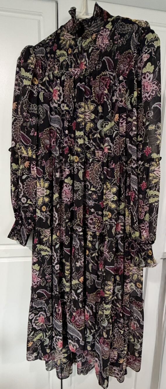 Cinq a Sept Paisley High Neck Smocked Tiered Hi Low Maxi Dress 6 Boho Lined